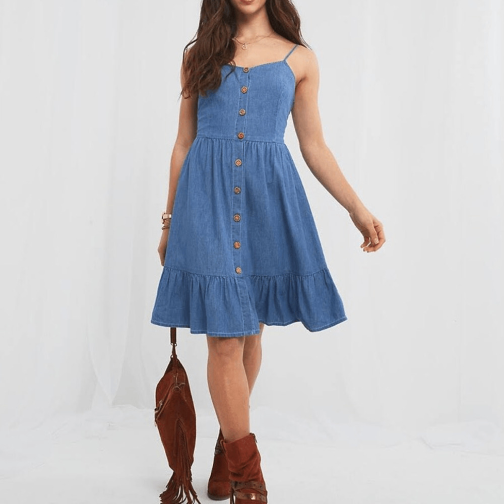 Japana Women's Size XS Denim Ruffle Babydoll Mini Dress
